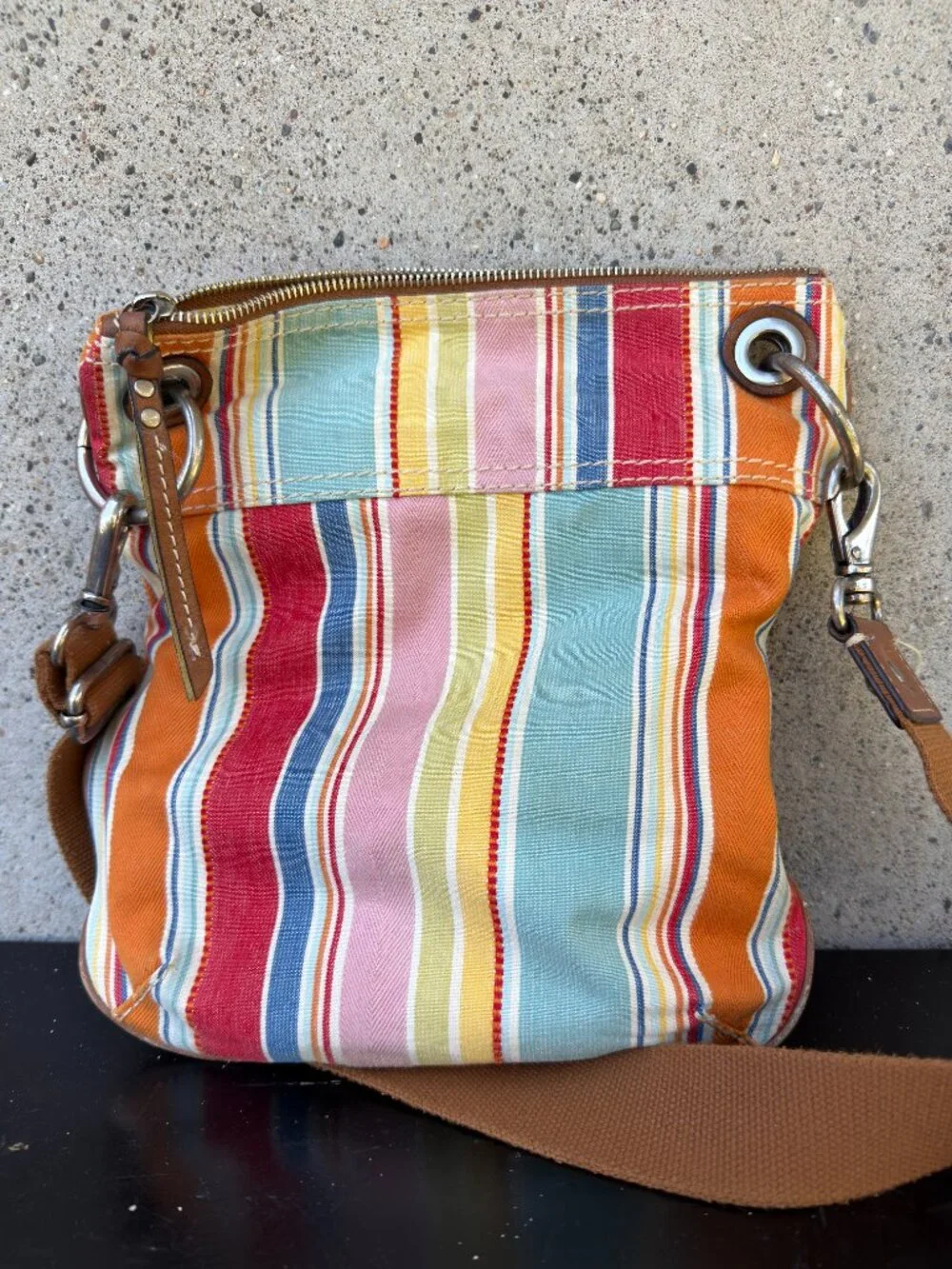 FOSSIL COLORFUL STRIPED CANVAS CROSSBODY SHOULDER BAG PURSE LEATHER TRIM